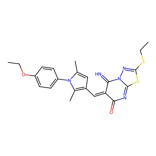 (E)-6-((1-(4-ethoxyphenyl)-2,5-dimethyl-1H-pyrrol-3-yl)methylene)-2-(ethylthio)-5-imino-5H-[1,3,4]thiadiazolo[3,2-a]pyrimidin-7(6H)-one structure