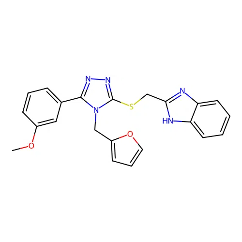 2-(((4-(furan-2-ylmethyl)-5-(3-methoxyphenyl)-4H-1,2,4-triazol-3-yl)thio)methyl)-1H-benzo[d]imidazole structure