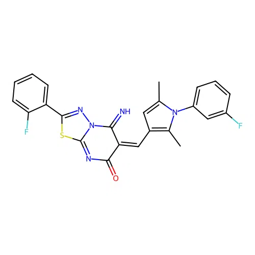 (E)-2-(2-fluorophenyl)-6-((1-(3-fluorophenyl)-2,5-dimethyl-1H-pyrrol-3-yl)methylene)-5-imino-5H-[1,3,4]thiadiazolo[3,2-a]pyrimidin-7(6H)-one structure