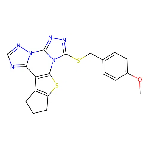 7-((4-methoxybenzyl)thio)-11,12-dihydro-10H-cyclopenta[4,5]thieno[3,2-e]bis([1,2,4]triazolo)[4,3-a:1',5'-c]pyrimidine structure