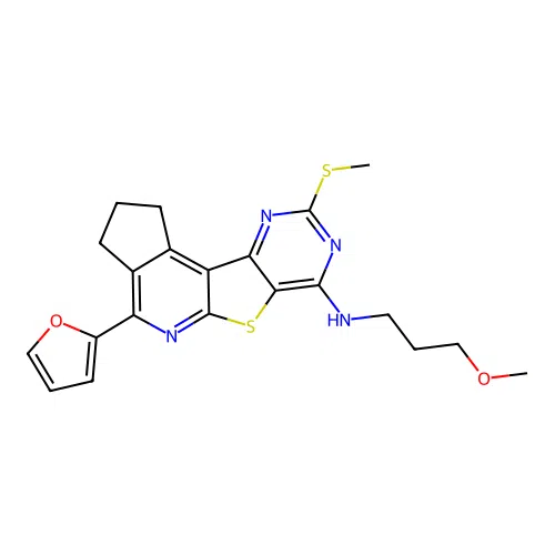 4-(furan-2-yl)-N-(3-methoxypropyl)-9-(methylsulfanyl)-2,3-dihydro-1H-cyclopenta[4',5']pyrido[3',2':4,5]thieno[3,2-d]pyrimidin-7-amine structure
