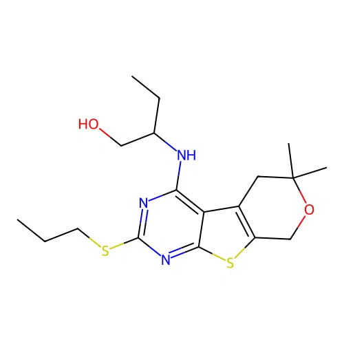 2-((6,6-dimethyl-2-(propylthio)-6,8-dihydro-5H-pyrano[4',3':4,5]thieno[2,3-d]pyrimidin-4-yl)amino)butan-1-ol structure