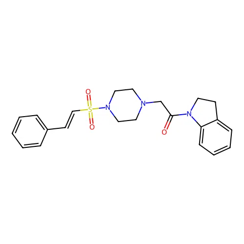 1-(2,3-dihydroindol-1-yl)-2-[4-[(E)-2-phenylethenyl]sulfonylpiperazin-1-yl]ethanone structure