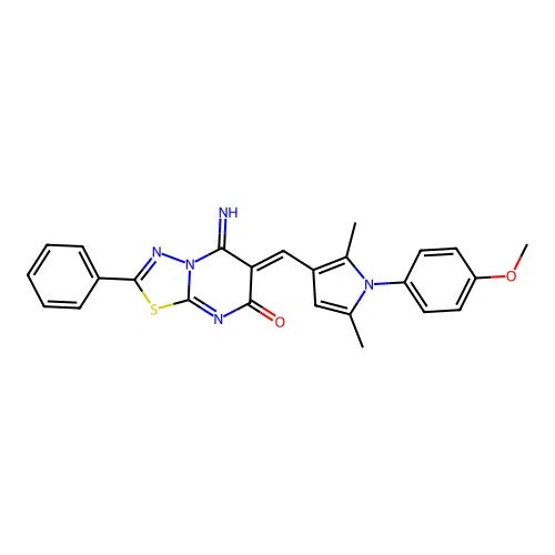 (6Z)-5-imino-6-[[1-(4-methoxyphenyl)-2,5-dimethylpyrrol-3-yl]methylidene]-2-phenyl-[1,3,4]thiadiazolo[3,2-a]pyrimidin-7-one structure