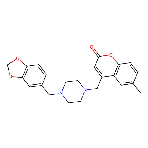 4-((4-(benzo[d][1,3]dioxol-5-ylmethyl)piperazin-1-yl)methyl)-6-methyl-2H-chromen-2-one structure