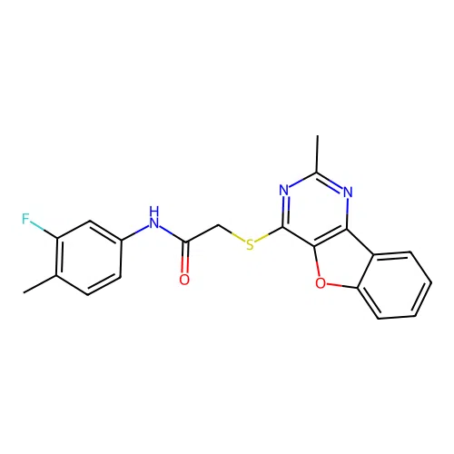 N-(3-fluoro-4-methylphenyl)-2-[(2-methyl-[1]benzofuro[3,2-d]pyrimidin-4-yl)sulfanyl]acetamide structure