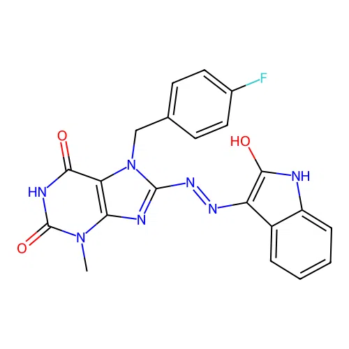 7-[(4-fluorophenyl)methyl]-3-methyl-8-[2-(2-oxoindol-3-yl)hydrazinyl]purine-2,6-dione structure
