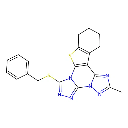 7-(benzylsulfanyl)-2-methyl-10,11,12,13-tetrahydro[1]benzothieno[3,2-e]bis[1,2,4]triazolo[4,3-a:1',5'-c]pyrimidine structure