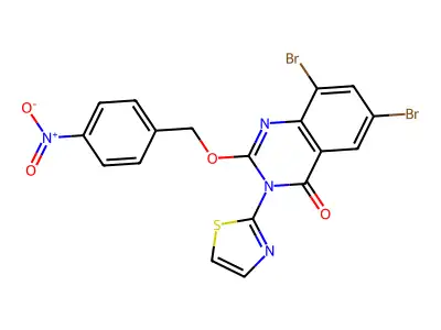 4(3H)-Quinazolinone, 6,8-dibromo-2-((4-nitrophenyl)methoxy)-3-(2-thiazolyl)- structure
