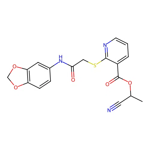 1-cyanoethyl 2-[2-(1,3-benzodioxol-5-ylamino)-2-oxoethyl]sulfanylpyridine-3-carboxylate structure