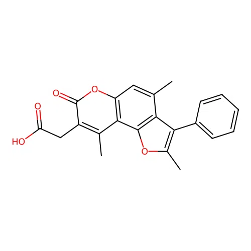 (2,4,9-trimethyl-7-oxo-3-phenyl-7H-furo[2,3-f]chromen-8-yl)acetic acid structure