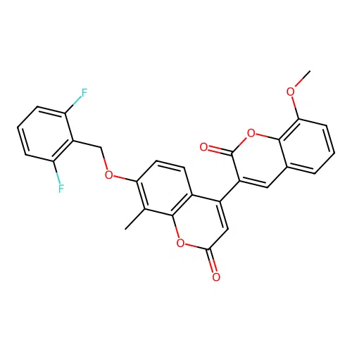 7'-((2,6-difluorobenzyl)oxy)-8-methoxy-8'-methyl-2H,2'H-[3,4'-bichromene]-2,2'-dione structure