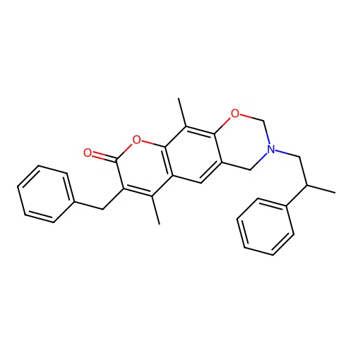 7-benzyl-6,10-dimethyl-3-(2-phenylpropyl)-3,4-dihydrochromeno[6,7-e][1,3]oxazin-8(2H)-one structure
