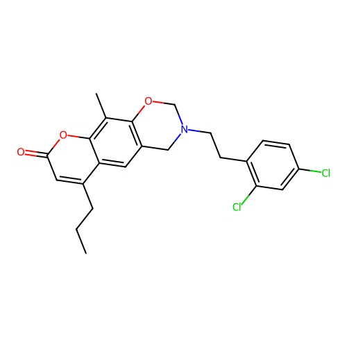 3-(2,4-dichlorophenethyl)-10-methyl-6-propyl-3,4-dihydrochromeno[6,7-e][1,3]oxazin-8(2H)-one structure
