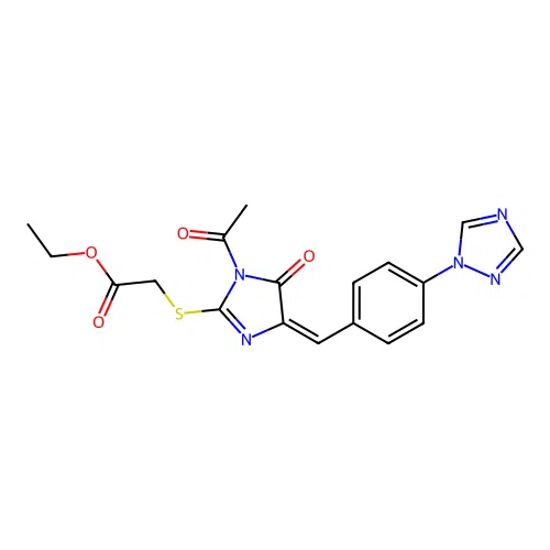 2-[[1-acetyl-5-oxo-4-[[4-(1,2,4-triazol-1-yl)phenyl]methylidene]-2-imidazolyl]thio]acetic acid ethyl ester structure