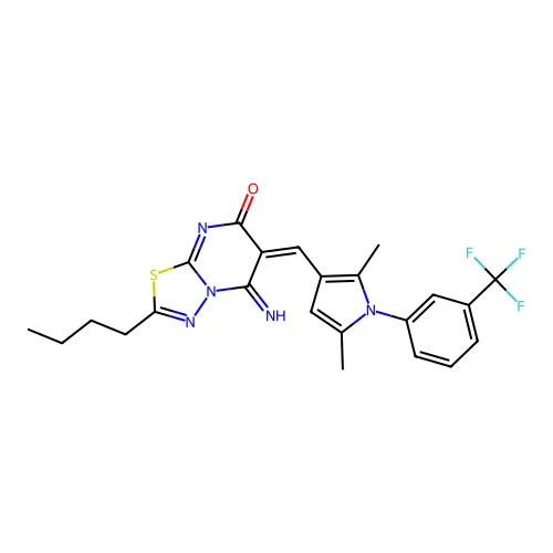 (6E)-2-butyl-6-[[2,5-dimethyl-1-[3-(trifluoromethyl)phenyl]pyrrol-3-yl]methylidene]-5-imino-[1,3,4]thiadiazolo[3,2-a]pyrimidin-7-one structure