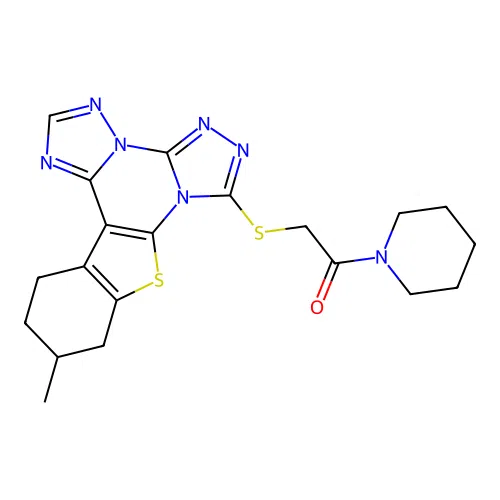 2-((11-methyl-10,11,12,13-tetrahydrobenzo[4,5]thieno[3,2-e]bis([1,2,4]triazolo)[4,3-a:1',5'-c]pyrimidin-7-yl)thio)-1-(piperidin-1-yl)ethanone structure