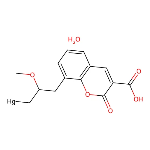 (3-(3-(Hydroxymercuri)-2-methoxypropyl)salicylidene)malonic acid delta-lactone structure