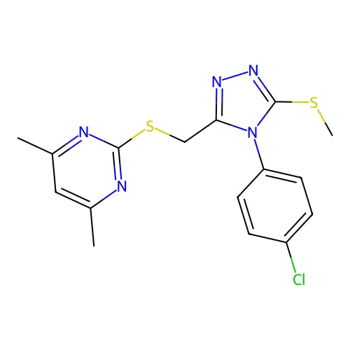 2-(((4-(4-chlorophenyl)-5-(methylthio)-4H-1,2,4-triazol-3-yl)methyl)thio)-4,6-dimethylpyrimidine structure