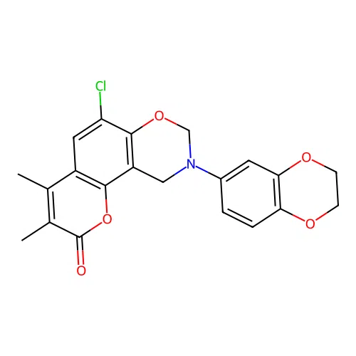 6-chloro-9-(2,3-dihydro-1,4-benzodioxin-6-yl)-3,4-dimethyl-8,10-dihydropyrano[2,3-f][1,3]benzoxazin-2-one structure