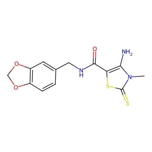 4-amino-N-(1,3-benzodioxol-5-ylmethyl)-3-methyl-2-thioxo-2,3-dihydro-1,3-thiazole-5-carboxamide structure