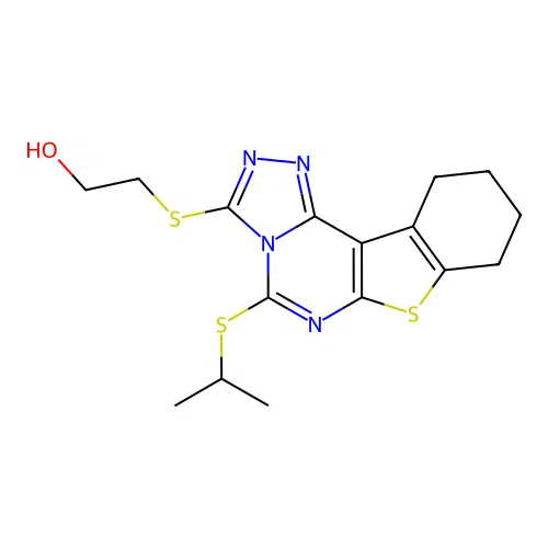 2-((5-(isopropylthio)-8,9,10,11-tetrahydrobenzo[4,5]thieno[3,2-e][1,2,4]triazolo[4,3-c]pyrimidin-3-yl)thio)ethanol structure