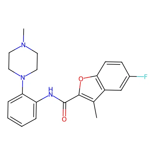5-fluoro-3-methyl-N-[2-(4-methylpiperazin-1-yl)phenyl]-1-benzofuran-2-carboxamide structure
