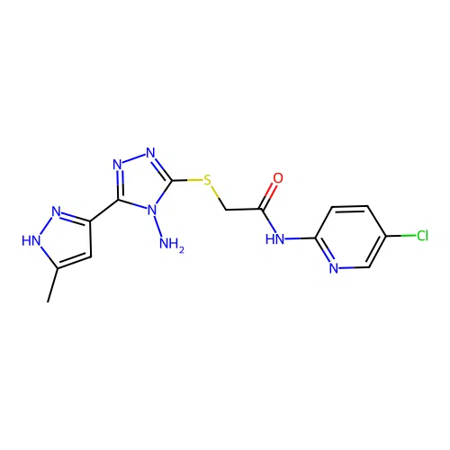 2-((4-amino-5-(3-methyl-1H-pyrazol-5-yl)-4H-1,2,4-triazol-3-yl)thio)-N-(5-chloropyridin-2-yl)acetamide structure