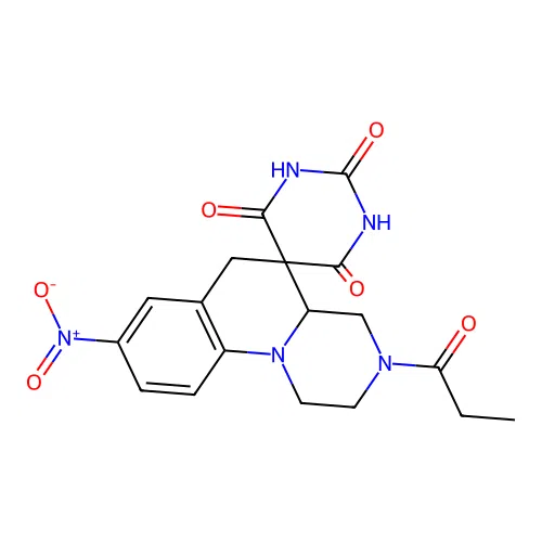 2',6'-dihydroxy-8-nitro-3-propanoyl-2,3,4,4a-tetrahydro-1H,4'H,6H-spiro[pyrazino[1,2-a]quinoline-5,5'-pyrimidin]-4'-one structure