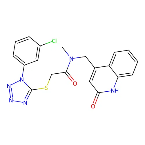 2-[1-(3-chlorophenyl)tetrazol-5-yl]sulfanyl-N-methyl-N-[(2-oxo-1H-quinolin-4-yl)methyl]acetamide structure