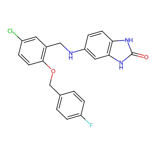 5-({5-chloro-2-[(4-fluorobenzyl)oxy]benzyl}amino)-1,3-dihydro-2H-benzimidazol-2-one structure