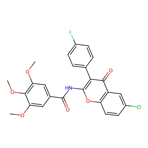 N-[6-chloro-3-(4-fluorophenyl)-4-oxochromen-2-yl]-3,4,5-trimethoxybenzamide structure
