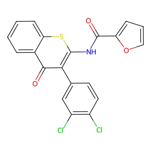 N-(3-(3,4-dichlorophenyl)-4-oxo-4H-thiochromen-2-yl)furan-2-carboxamide structure