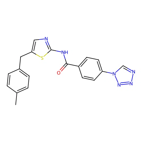 N-[5-[(4-methylphenyl)methyl]-1,3-thiazol-2-yl]-4-(tetrazol-1-yl)benzamide structure