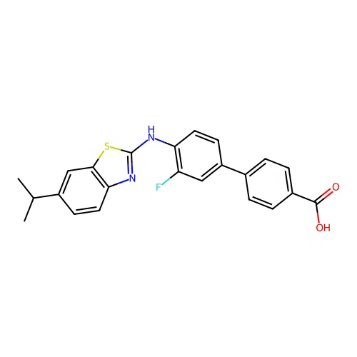 4-[3-Fluoro-4-[(6-propan-2-yl-1,3-benzothiazol-2-yl)amino]phenyl]benzoic acid structure