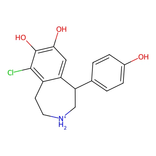 9-chloro-5-(4-hydroxyphenyl)-2,3,4,5-tetrahydro-1H-3-benzazepin-3-ium-7,8-diol structure