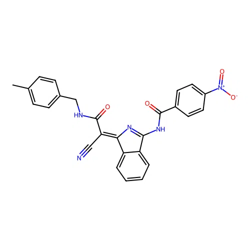 (Z)-N-(1-(1-cyano-2-((4-methylbenzyl)amino)-2-oxoethylidene)-1H-isoindol-3-yl)-4-nitrobenzamide structure