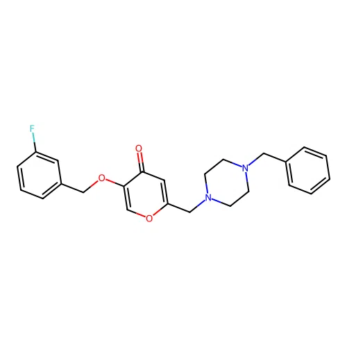 2-[(4-Benzylpiperazin-1-yl)methyl]-5-[(3-fluorophenyl)methoxy]pyran-4-one structure