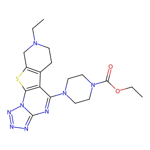 ethyl 4-(8-ethyl-6,7,8,9-tetrahydropyrido[4',3':4,5]thieno[3,2-e]tetrazolo[1,5-a]pyrimidin-5-yl)piperazine-1-carboxylate structure