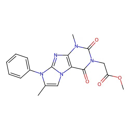 methyl 2-(1,7-dimethyl-2,4-dioxo-8-phenyl-1,3,5-trihydro-4-imidazolino[1,2-h]p urin-3-yl)acetate structure