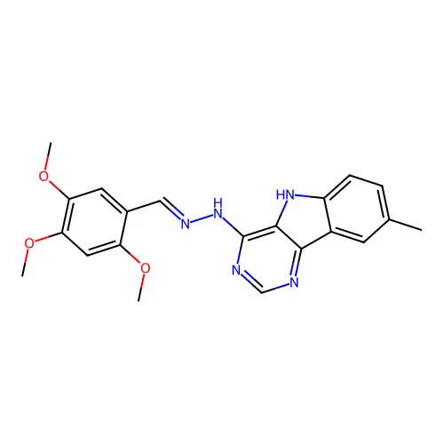 (E)-8-methyl-4-(2-(2,4,5-trimethoxybenzylidene)hydrazinyl)-5H-pyrimido[5,4-b]indole structure