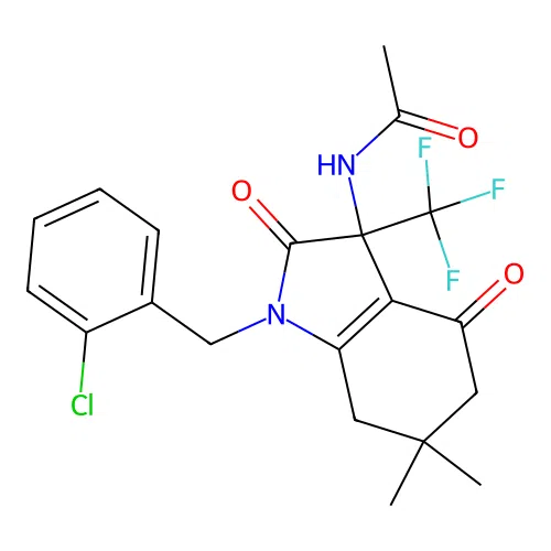 N-(1-(2-chlorobenzyl)-6,6-dimethyl-2,4-dioxo-3-(trifluoromethyl)-2,3,4,5,6,7-hexahydro-1H-indol-3-yl)acetamide structure