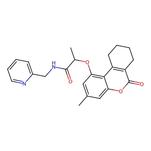 2-((3-methyl-6-oxo-7,8,9,10-tetrahydro-6H-benzo[c]chromen-1-yl)oxy)-N-(pyridin-2-ylmethyl)propanamide structure