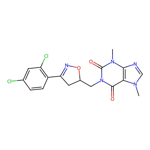 1-((3-(2,4-dichlorophenyl)-4,5-dihydroisoxazol-5-yl)methyl)-3,7-dimethyl-1H-purine-2,6(3H,7H)-dione structure
