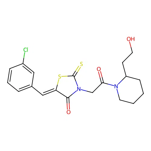 (5Z)-5-(3-chlorobenzylidene)-3-{2-[2-(2-hydroxyethyl)piperidin-1-yl]-2-oxoethyl}-2-thioxo-1,3-thiazolidin-4-one structure