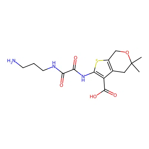 2-({[(3-aminopropyl)amino](oxo)acetyl}amino)-5,5-dimethyl-4,7-dihydro-5H-thieno[2,3-c]pyran-3-carboxylic acid structure