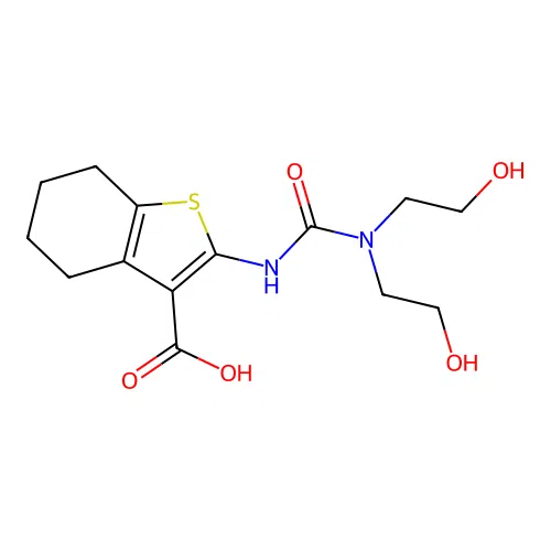 2-(3,3-bis(2-hydroxyethyl)ureido)-4,5,6,7-tetrahydrobenzo[b]thiophene-3-carboxylic acid structure