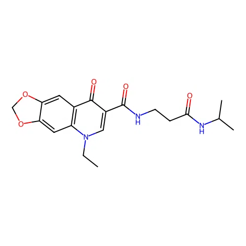 5-ethyl-N-(3-(isopropylamino)-3-oxopropyl)-8-oxo-5,8-dihydro-[1,3]dioxolo[4,5-g]quinoline-7-carboxamide structure