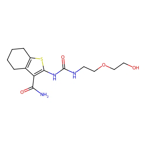 2-(3-(2-(2-hydroxyethoxy)ethyl)ureido)-4,5,6,7-tetrahydrobenzo[b]thiophene-3-carboxamide structure