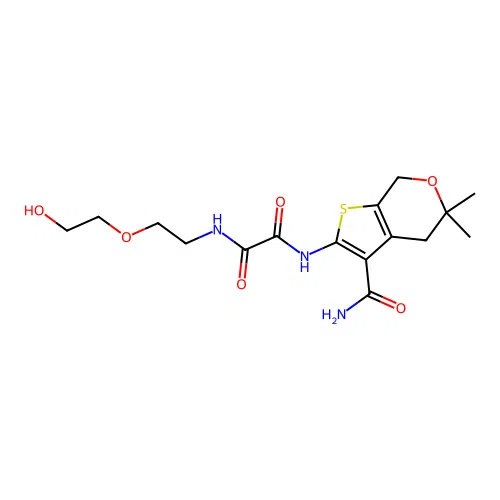 N'-(3-carbamoyl-5,5-dimethyl-4,7-dihydrothieno[2,3-c]pyran-2-yl)-N-[2-(2-hydroxyethoxy)ethyl]oxamide structure